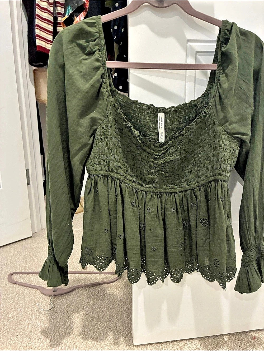 American Eagle Olive Green Eyelet Blouse Like New